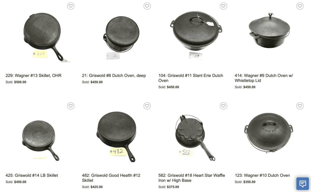 Pieces of vintage and antique cast iron cookware Wagner Griswold Favorite highest prices paid at February 2024 auction. 